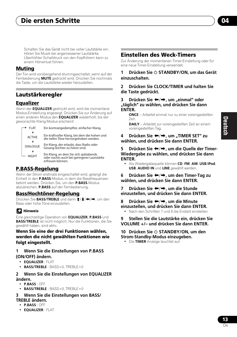 Muting, Lautstärkeregler, Equalizer p.bass-regelung bass/hochtöner-regelung | Einstellen des weck-timers, Die ersten schritte 04 | Pioneer X-HM21-K User Manual | Page 77 / 228