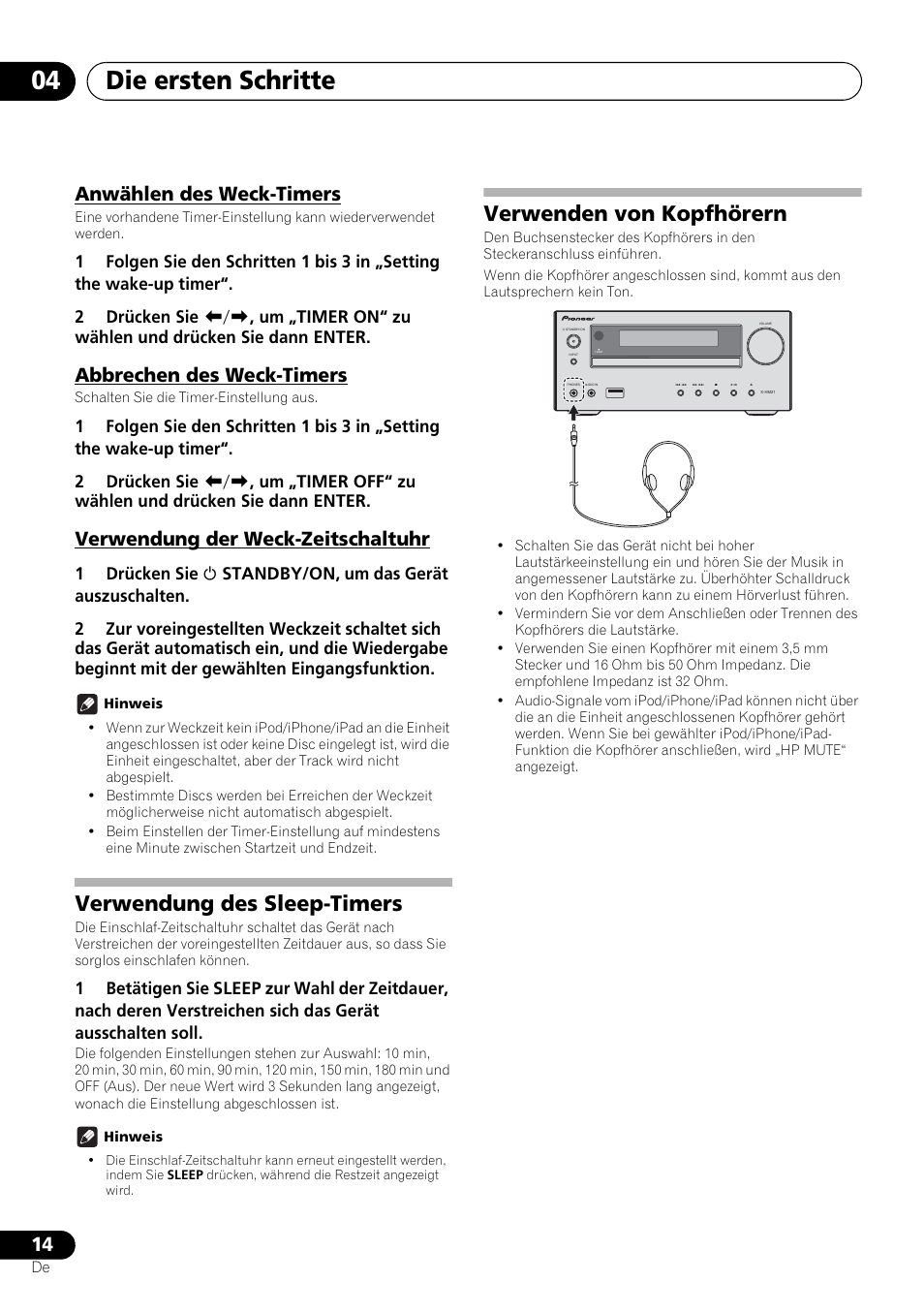 Die ersten schritte 04, Verwendung des sleep-timers, Verwenden von kopfhörern | Anwählen des weck-timers, Abbrechen des weck-timers, Verwendung der weck-zeitschaltuhr | Pioneer X-HM21-K User Manual | Page 78 / 228