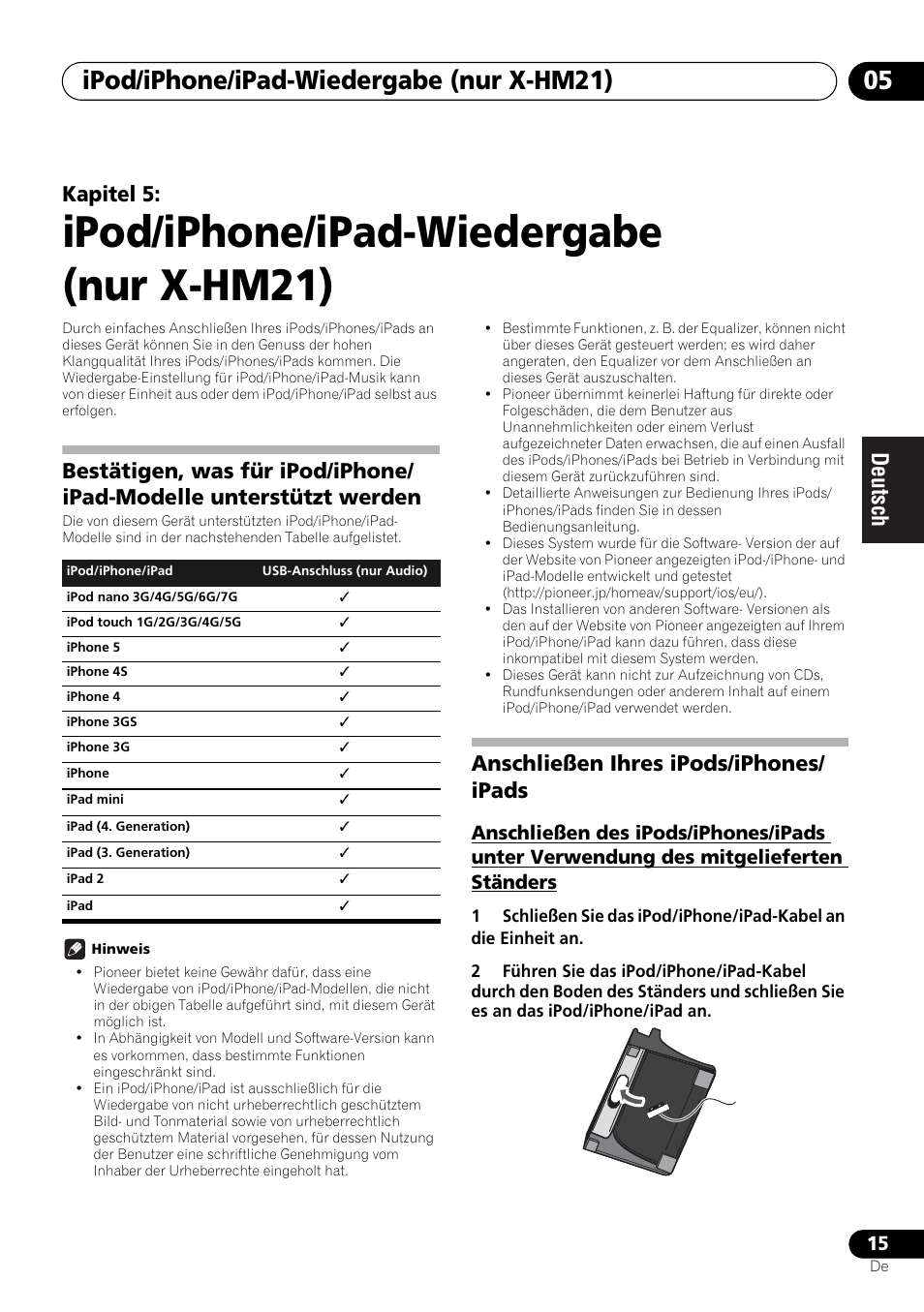 05 ipod/iphone/ipad-wiedergabe (nur x-hm21), Ipod/iphone/ipad-wiedergabe (nur x-hm21), Ipod/iphone/ipad-wiedergabe (nur x-hm21) 05 | Kapitel 5, Anschließen ihres ipods/iphones/ ipads | Pioneer X-HM21-K User Manual | Page 79 / 228
