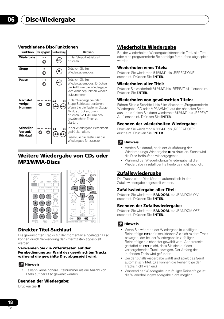 Weitere wiedergabe von cds oder mp3/wma- discs, Disc-wiedergabe 06, Weitere wiedergabe von cds oder mp3/wma-discs | Direkter titel-suchlauf, Wiederholte wiedergabe, Zufallswiedergabe, Verschiedene disc-funktionen, Beenden der wiedergabe, Wiederholen eines titels, Wiederholen aller titel | Pioneer X-HM21-K User Manual | Page 82 / 228