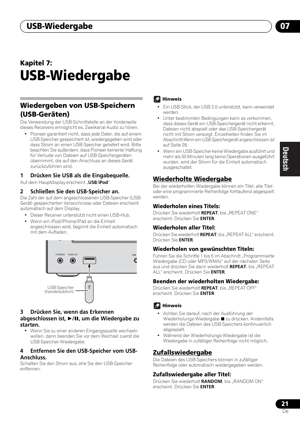 07 usb-wiedergabe, Wiedergeben von usb-speichern (usb-geräten), Wiederholte wiedergabe zufallswiedergabe | Usb-wiedergabe, Usb-wiedergabe 07, Kapitel 7, Wiederholte wiedergabe, Zufallswiedergabe | Pioneer X-HM21-K User Manual | Page 85 / 228