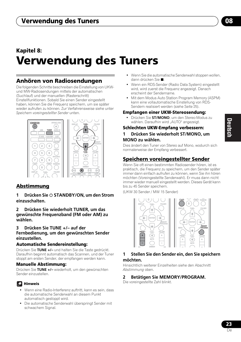 08 verwendung des tuners, Anhören von radiosendungen, Abstimmung speichern voreingestellter sender | Verwendung des tuners, Verwendung des tuners 08, Kapitel 8, Abstimmung, Speichern voreingestellter sender, Manuelle abstimmung, Empfangen einer ukw-stereosendung | Pioneer X-HM21-K User Manual | Page 87 / 228
