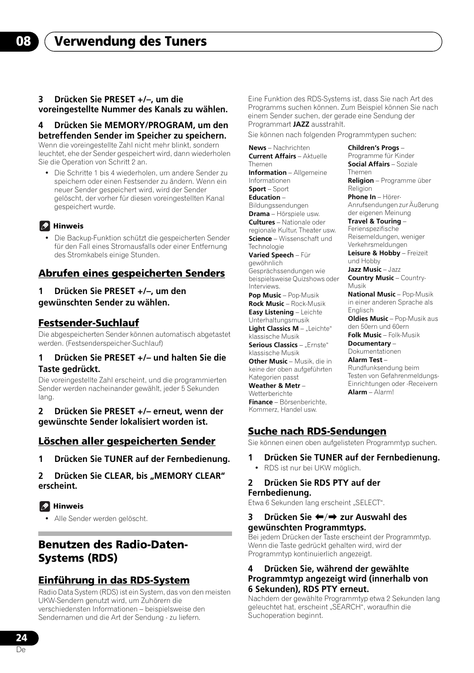 Benutzen des radio-daten-systems (rds), Verwendung des tuners 08, Benutzen des radio-daten- systems (rds) | Pioneer X-HM21-K User Manual | Page 88 / 228