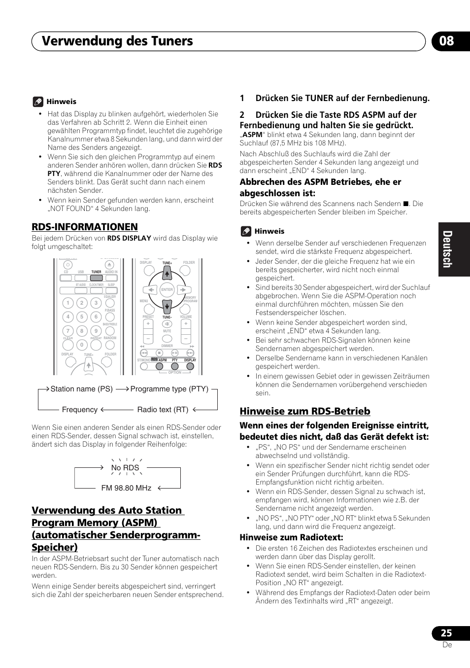 Verwendung des tuners 08, Rds-informationen, Hinweise zum rds-betrieb | Hinweise zum radiotext | Pioneer X-HM21-K User Manual | Page 89 / 228