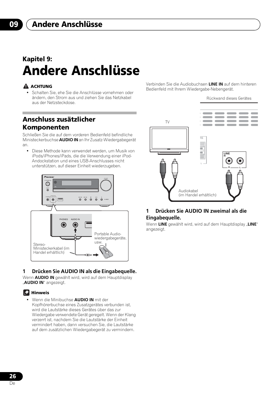 09 andere anschlüsse, Anschluss zusätzlicher komponenten, Andere anschlüsse | Andere anschlüsse 09, Kapitel 9, 1drücken sie audio in als die eingabequelle | Pioneer X-HM21-K User Manual | Page 90 / 228