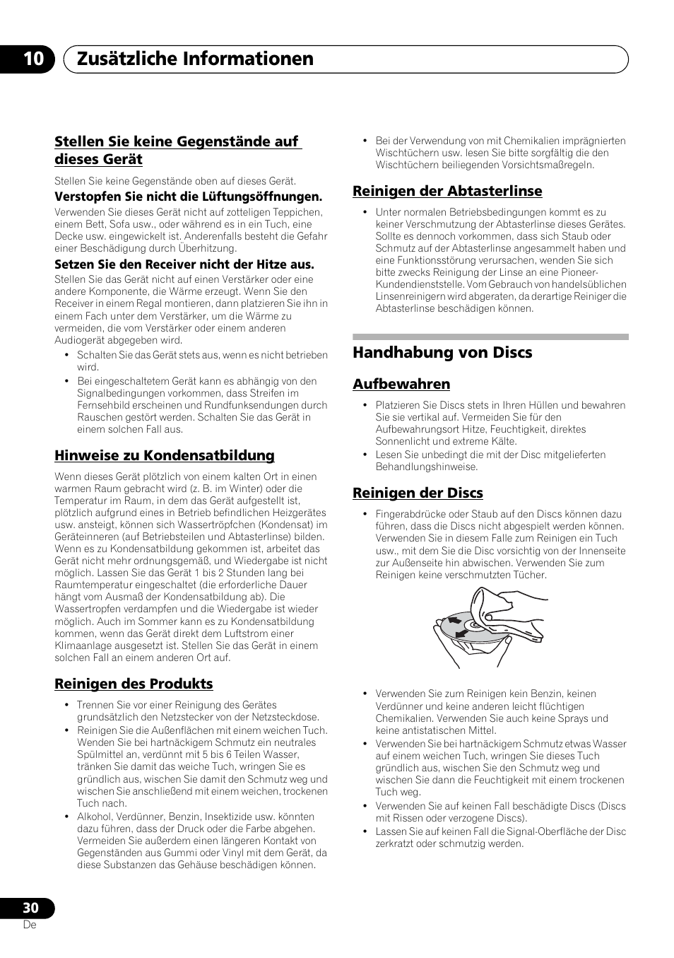 Handhabung von discs, Aufbewahren reinigen der discs, Zusätzliche informationen 10 | Stellen sie keine gegenstände auf dieses gerät, Hinweise zu kondensatbildung, Reinigen des produkts, Reinigen der abtasterlinse, Aufbewahren, Reinigen der discs | Pioneer X-HM21-K User Manual | Page 94 / 228
