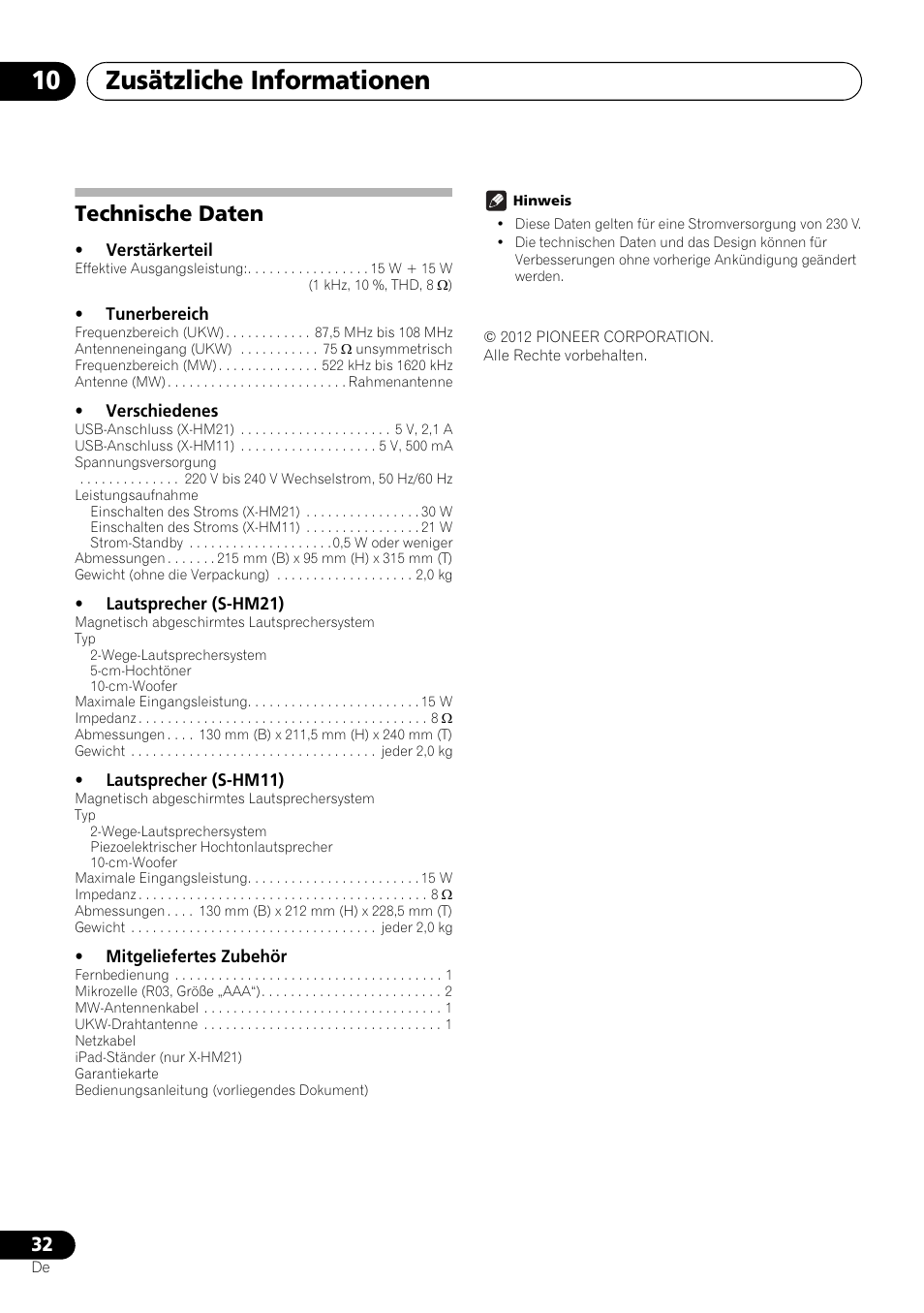 Technische daten, Zusätzliche informationen 10 | Pioneer X-HM21-K User Manual | Page 96 / 228