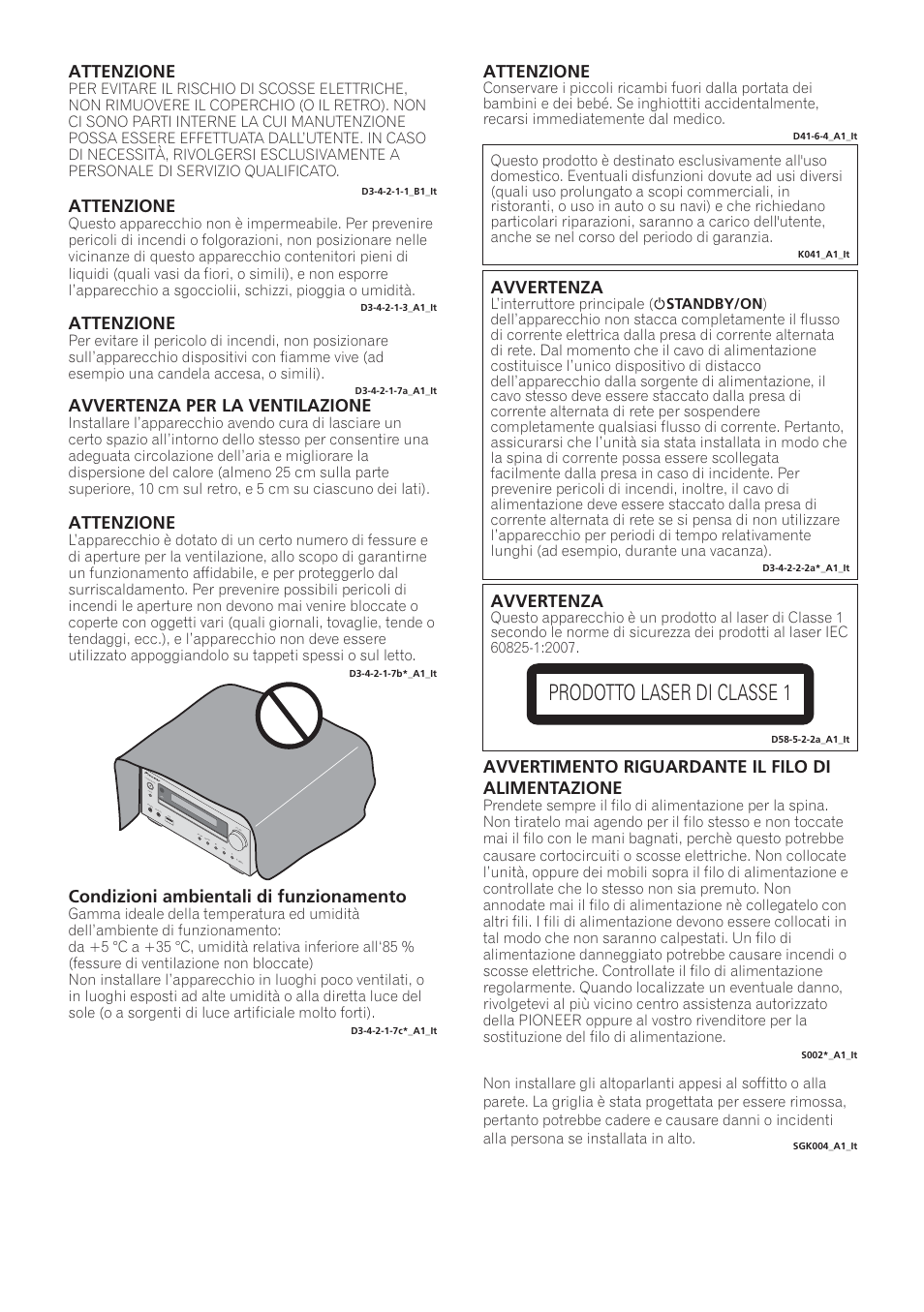 X-hm21_11_syxe8_it, Prodotto laser di classe 1, Avvertenza | Avvertimento riguardante il filo di alimentazione, Attenzione, Condizioni ambientali di funzionamento, Avvertenza per la ventilazione | Pioneer X-HM21-K User Manual | Page 98 / 228