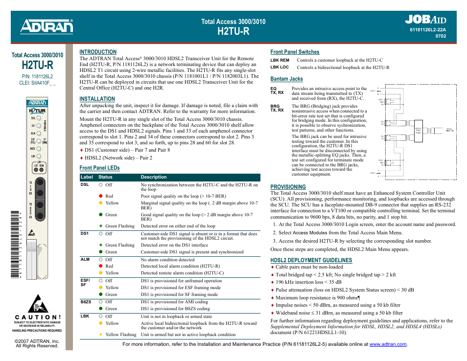 ADTRAN H2TU-R User Manual | 2 pages