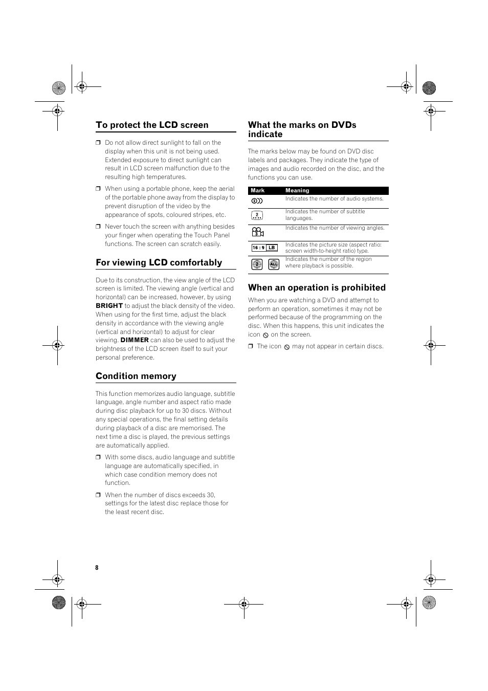 For viewing lcd comfortably, What the marks on dvds indicate, When an operation is prohibited | Pioneer AVIC-X1 User Manual | Page 10 / 30