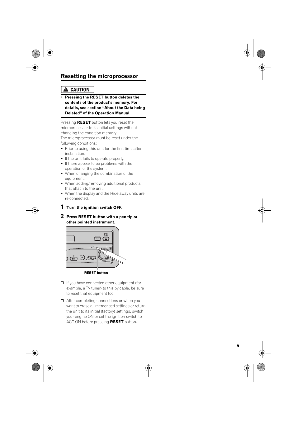 Resetting the microprocessor | Pioneer AVIC-X1 User Manual | Page 11 / 30