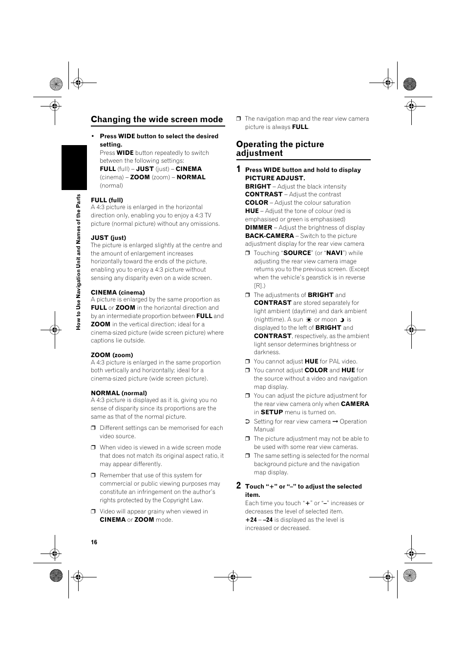 Changing the wide screen mode, Operating the picture adjustment | Pioneer AVIC-X1 User Manual | Page 18 / 30