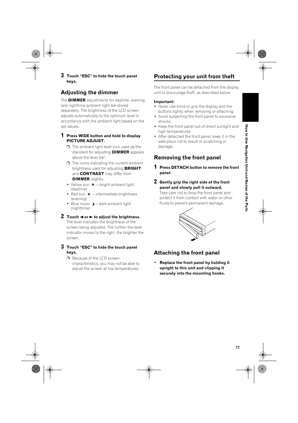 Adjusting the dimmer, Protecting your unit from theft, Removing the front panel | Attaching the front panel | Pioneer AVIC-X1 User Manual | Page 19 / 30