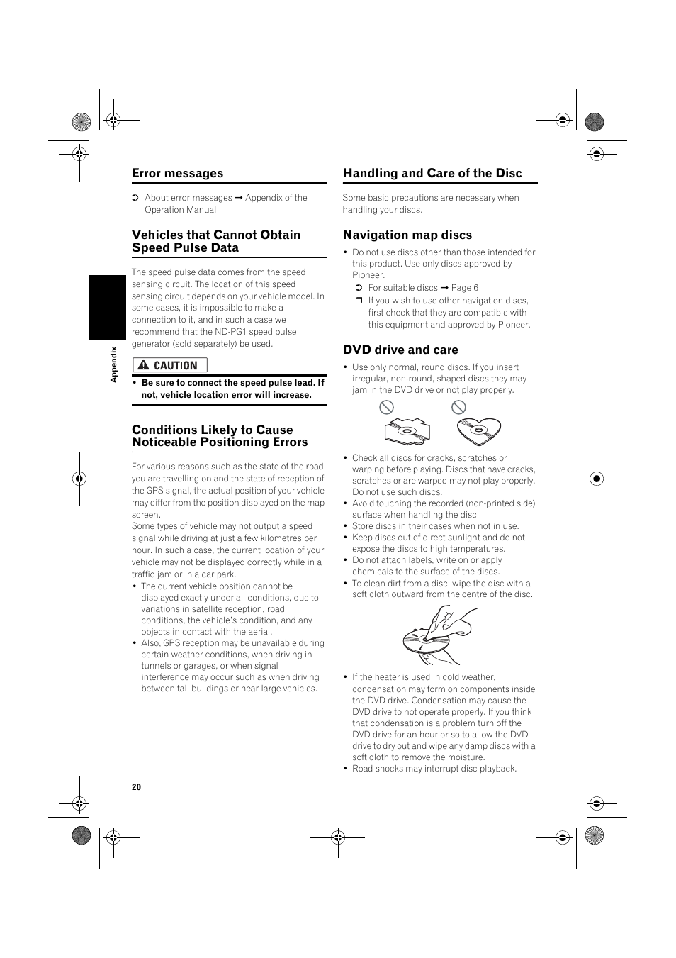 Error messages, Vehicles that cannot obtain speed pulse data, Handling and care of the disc | Navigation map discs, Dvd drive and care | Pioneer AVIC-X1 User Manual | Page 22 / 30