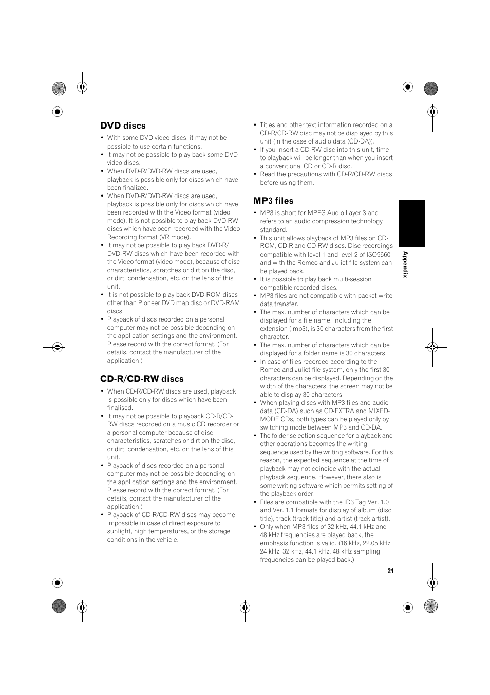 Dvd discs, Cd-r/cd-rw discs, Mp3 files | Pioneer AVIC-X1 User Manual | Page 23 / 30