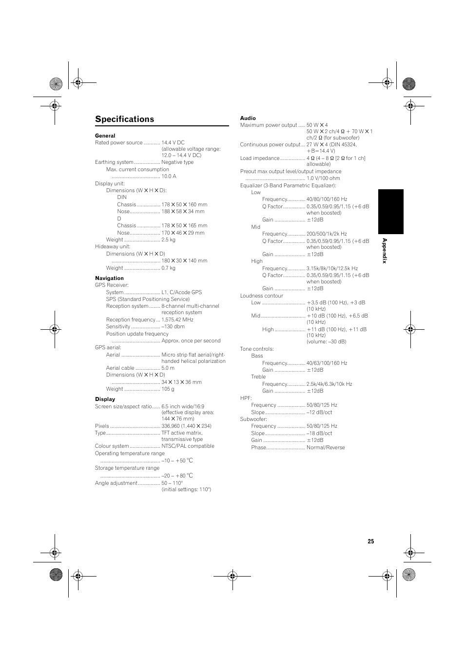 Specifications | Pioneer AVIC-X1 User Manual | Page 27 / 30