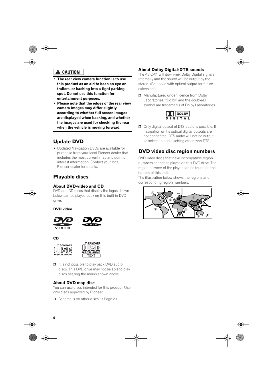 Update dvd, Playable discs, Dvd video disc region numbers | Pioneer AVIC-X1 User Manual | Page 8 / 30