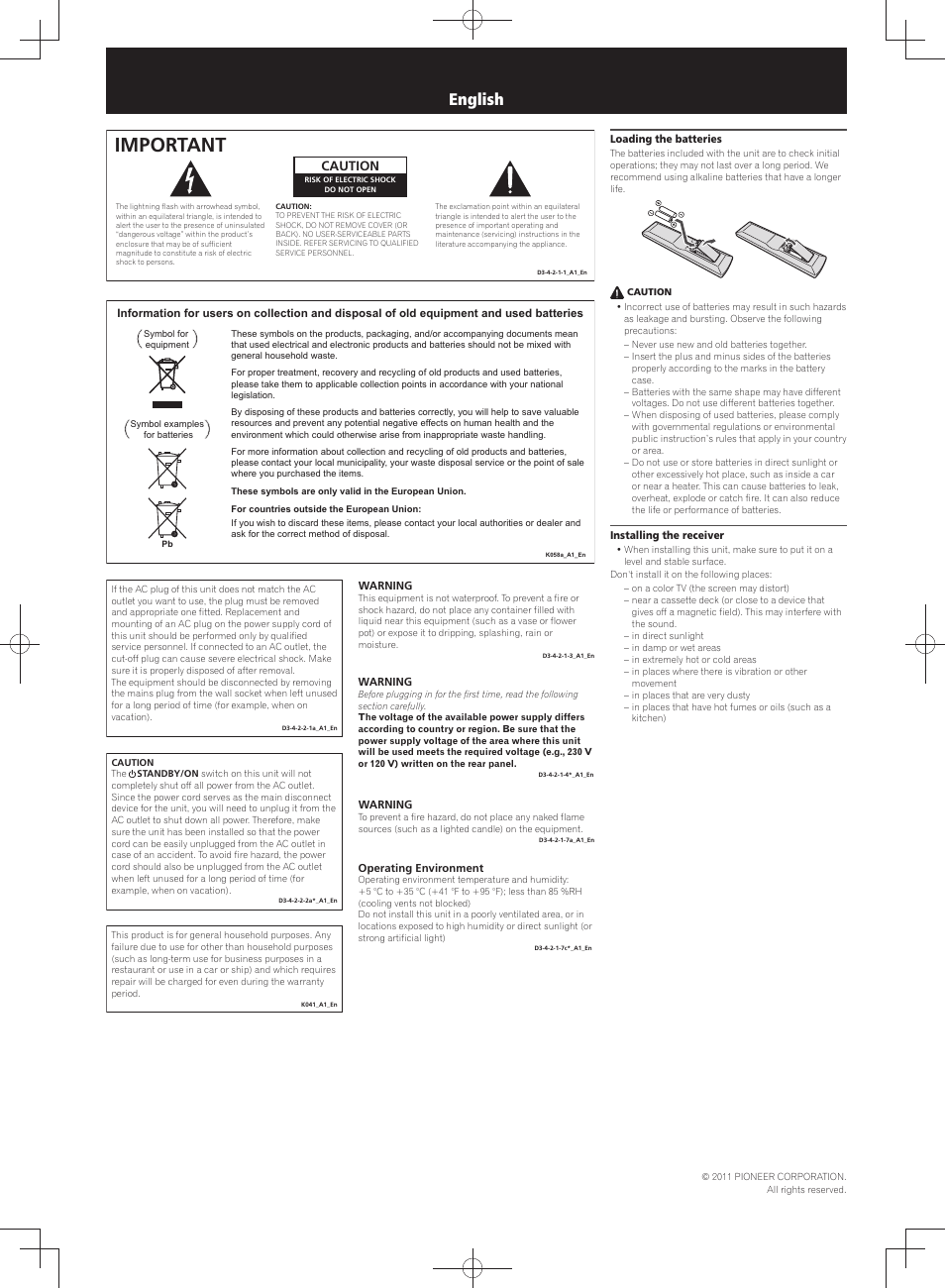 Safety brochure, Audio/video multi-channel receiver, Important | English, Caution | Pioneer VSX-S300 User Manual | Page 2 / 8