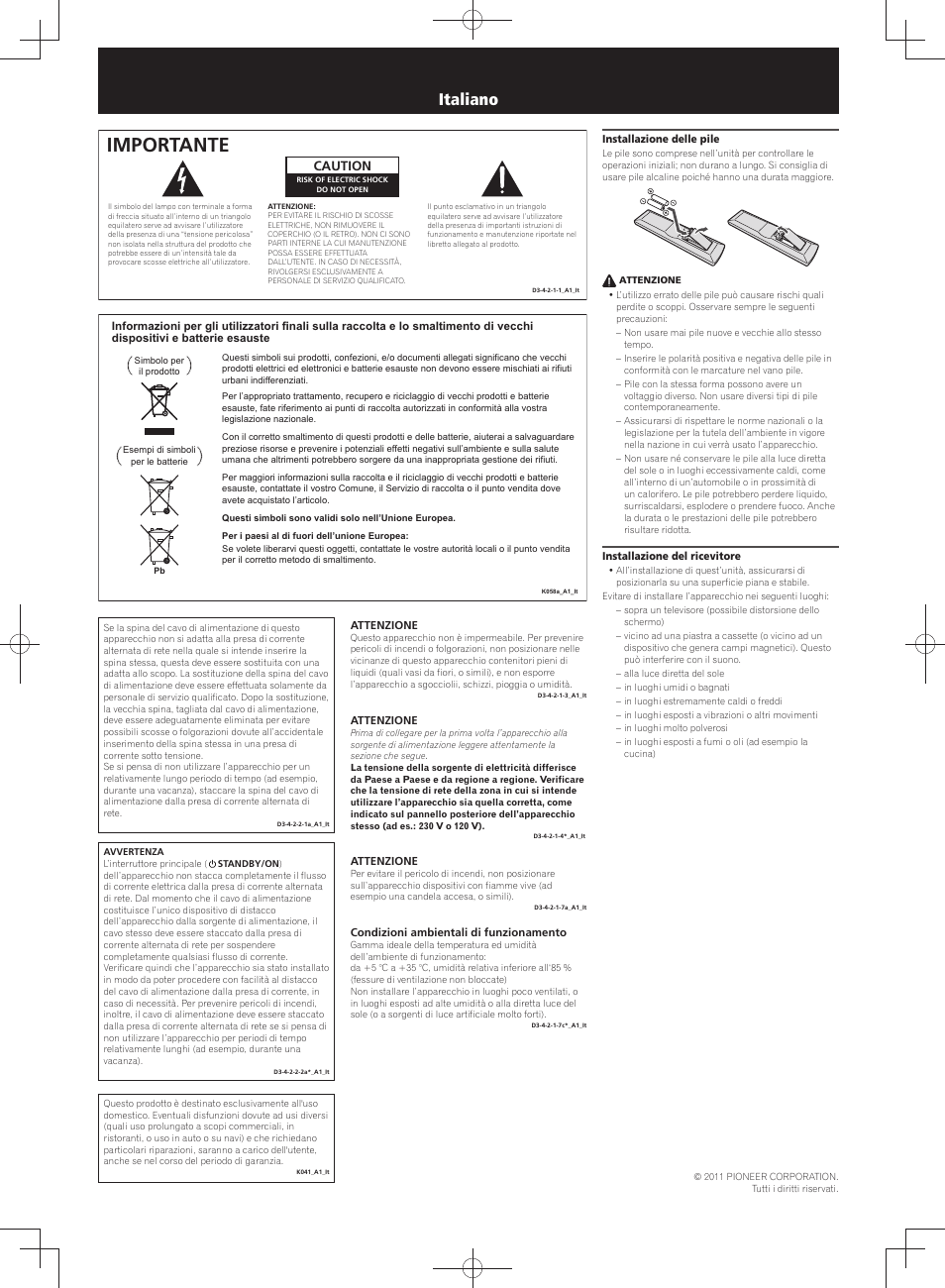 Istruzioni per la sicurezza, Sintoamplificatore audio/video multicanale, Importante | Italiano, Caution | Pioneer VSX-S300 User Manual | Page 5 / 8