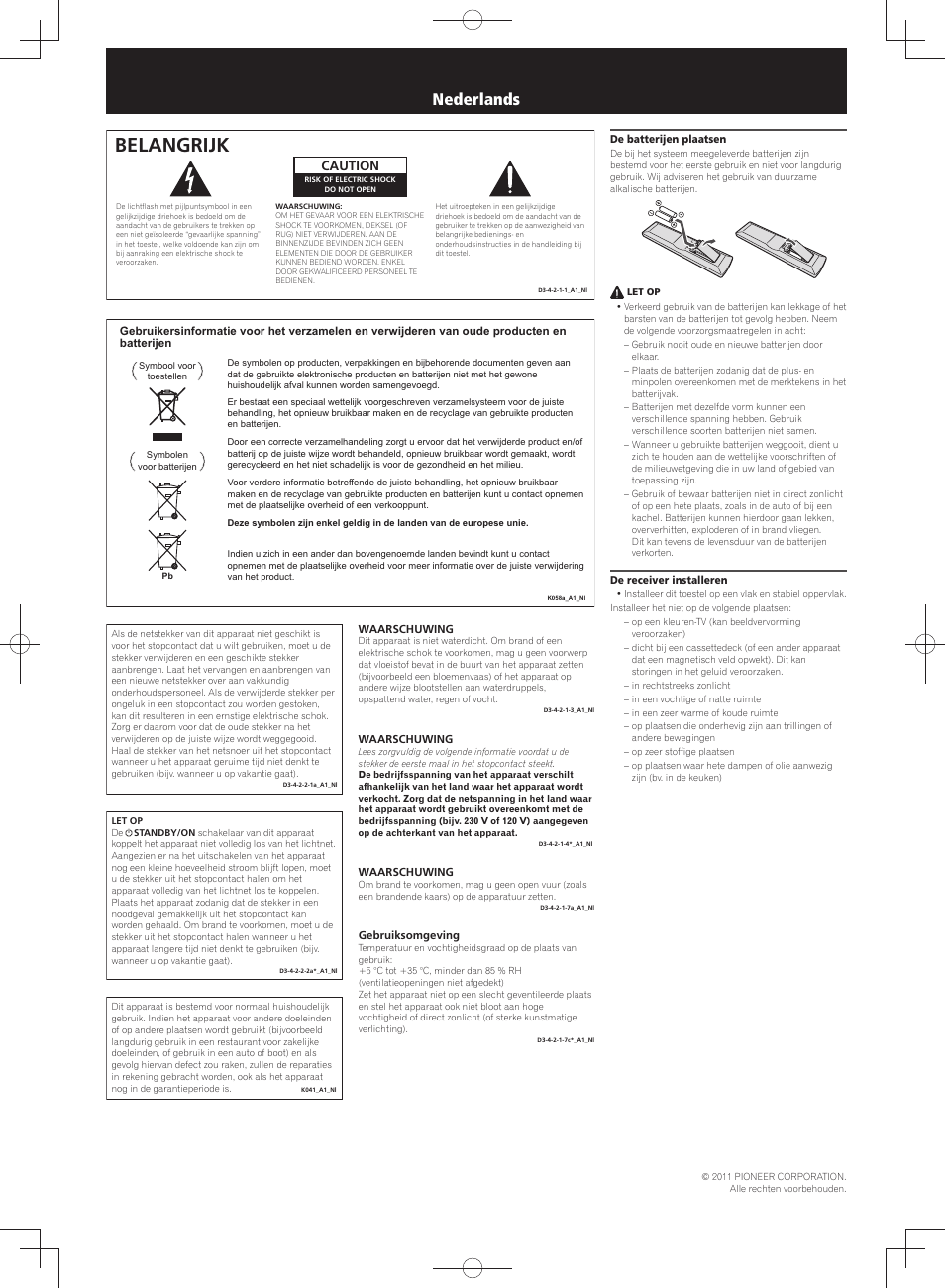 Folder veiligheid, Audio/video multikanaals receiver, Belangrijk | Nederlands, Caution | Pioneer VSX-S300 User Manual | Page 6 / 8