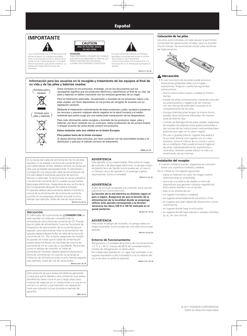 Folleto de seguridad, Receptor audio-video multicanal, Importante | Español, Caution | Pioneer VSX-S300 User Manual | Page 7 / 8