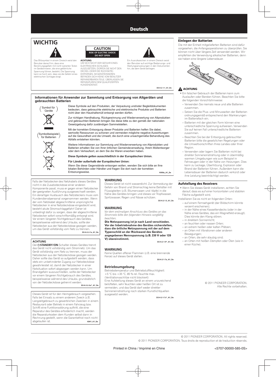 Sicherheitsbroschüre, Audio-/video- mehrkanal-receiver, Wichtig | Deutsch, Caution | Pioneer VSX-S300 User Manual | Page 8 / 8