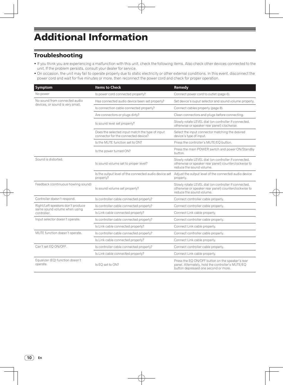 Additional information, Troubleshooting | Pioneer S-DJ05 User Manual | Page 10 / 72