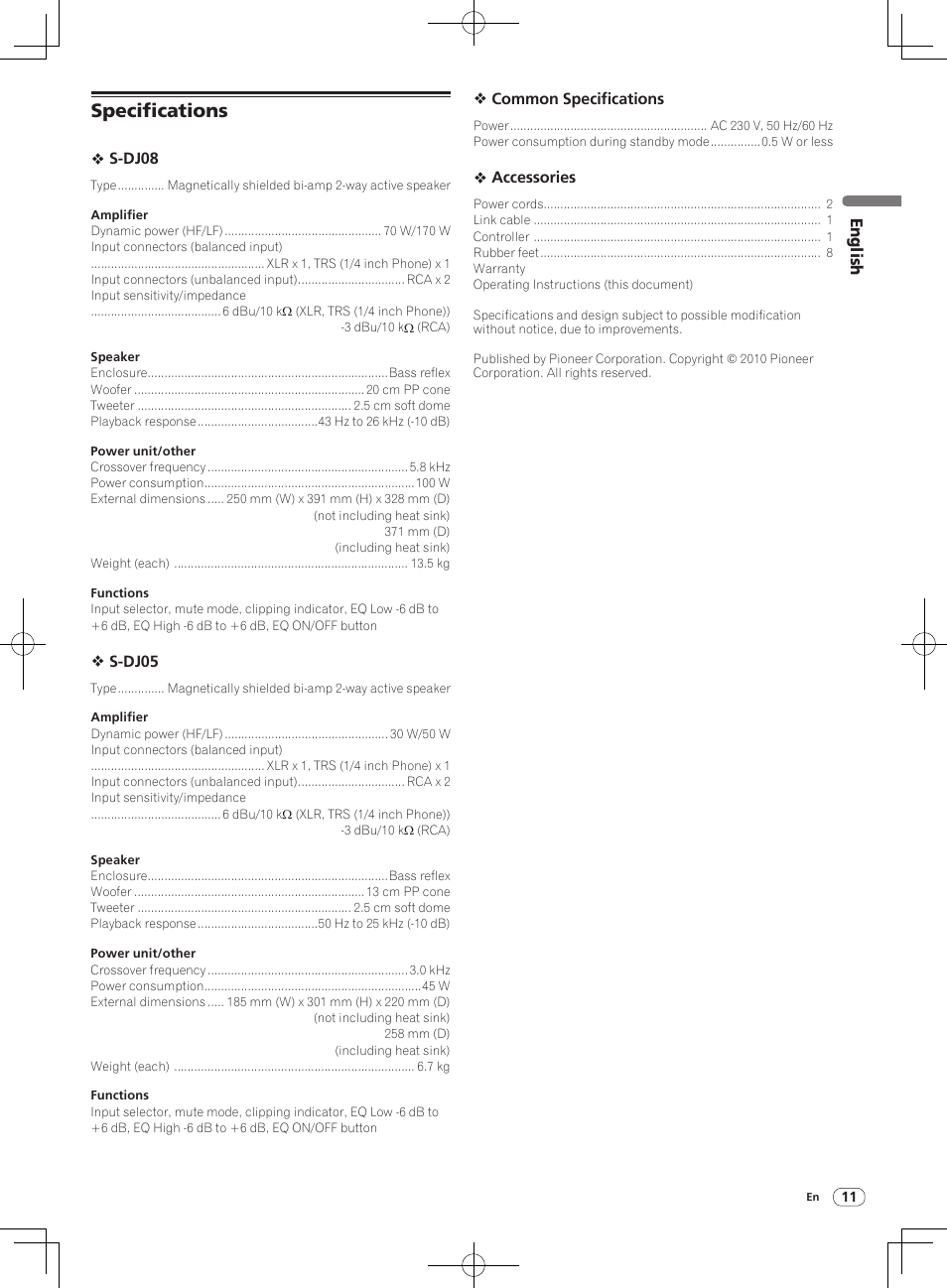 Specifications | Pioneer S-DJ05 User Manual | Page 11 / 72