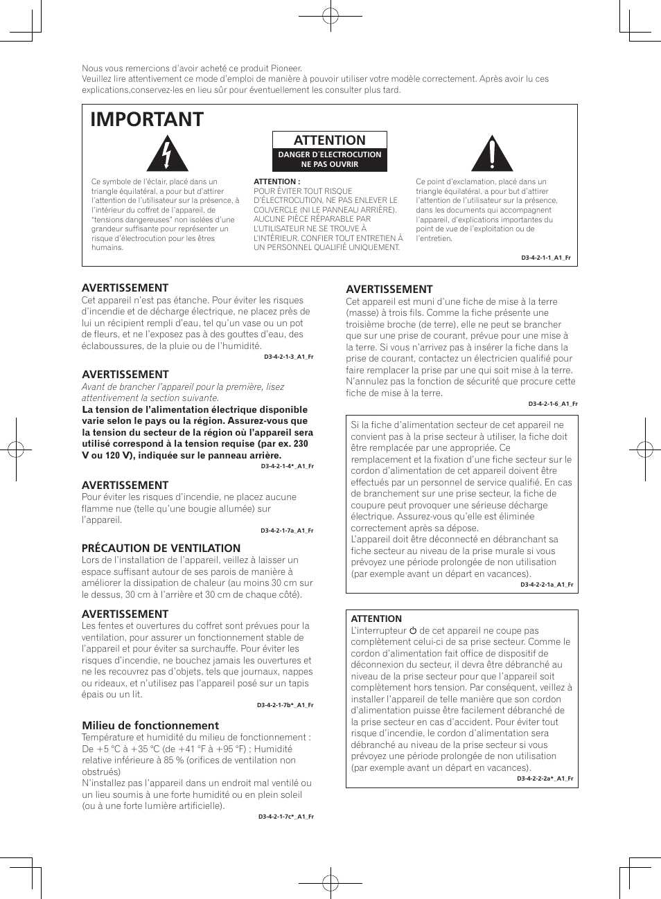 Mode d’emploi, Haut-parleur actif pour dj & studio, Important | Attention, Avertissement, Précaution de ventilation, Milieu de fonctionnement | Pioneer S-DJ05 User Manual | Page 12 / 72