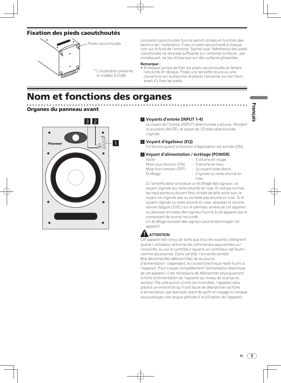 Nom et fonctions des organes, Fixation des pieds caoutchoutés, Organes du panneau avant | Français | Pioneer S-DJ05 User Manual | Page 15 / 72