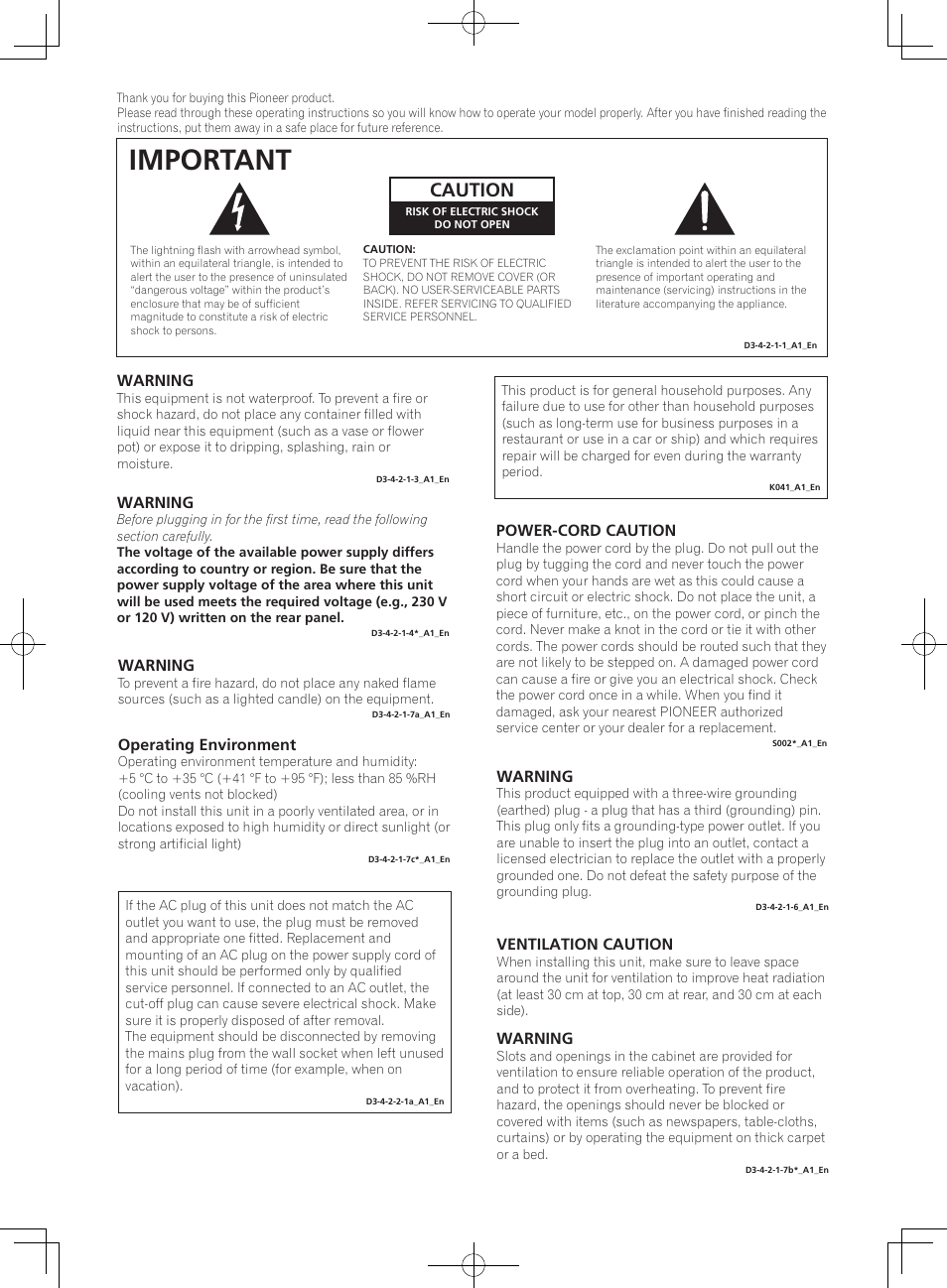 Operating instructions, Active reference speakers for dj/producer, Important | Caution, Important: the moulded plug, Warning, Operating environment, Power-cord caution, Ventilation caution | Pioneer S-DJ05 User Manual | Page 2 / 72