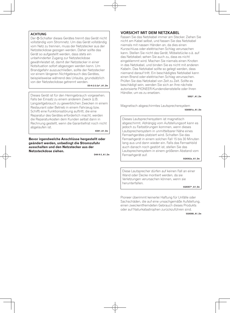 Wichtig, Caution, Betriebsumgebung | Warnung, Vorsichtshinweis zur belüftung, Vorsicht mit dem netzkabel | Pioneer S-DJ05 User Manual | Page 23 / 72