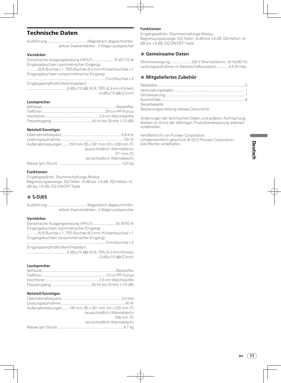 Technische daten | Pioneer S-DJ05 User Manual | Page 31 / 72