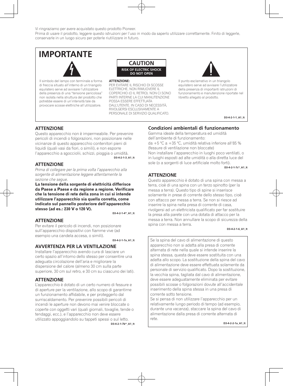 Istruzioni per l’uso, Diffusori attivi di riferimento per dj/produttore, Importante | Caution, Attenzione, Avvertenza per la ventilazione, Condizioni ambientali di funzionamento, Avvertimento riguardante il filo di alimentazione | Pioneer S-DJ05 User Manual | Page 32 / 72