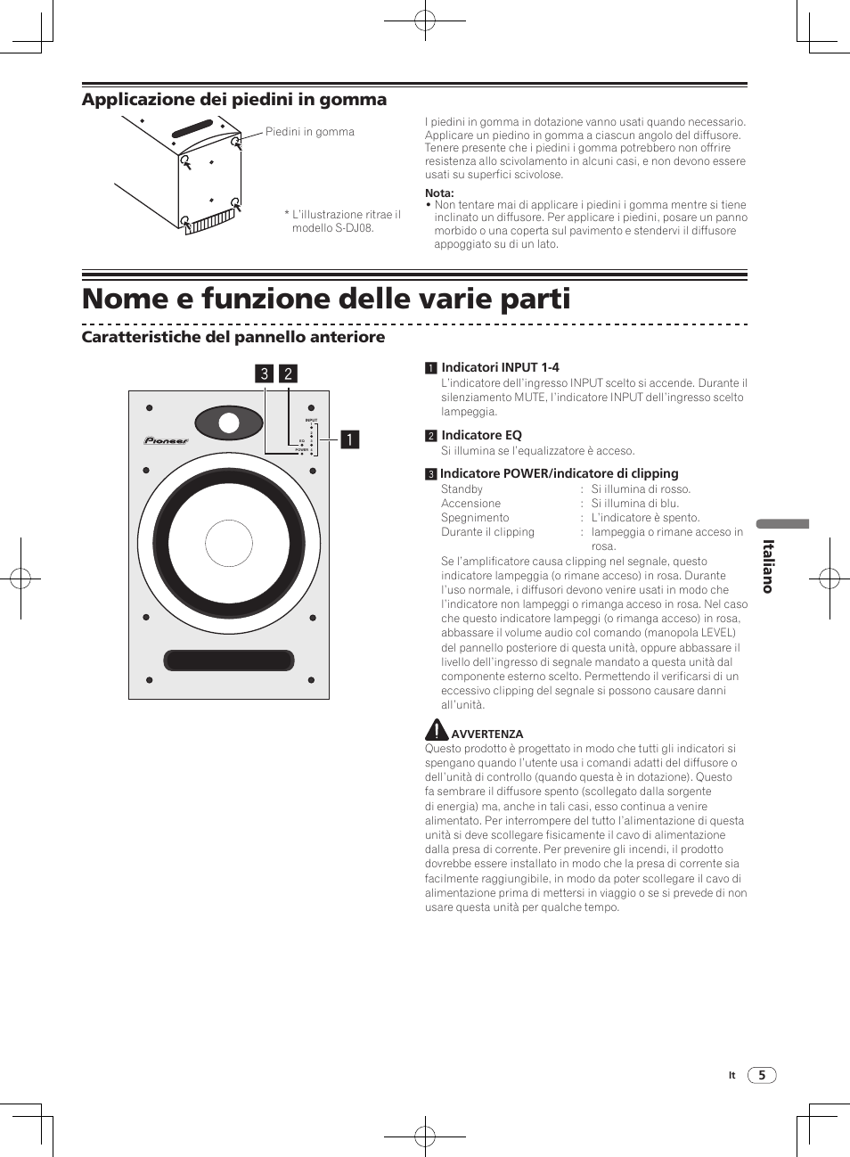 Nome e funzione delle varie parti, Applicazione dei piedini in gomma, Caratteristiche del pannello anteriore | Italiano | Pioneer S-DJ05 User Manual | Page 35 / 72