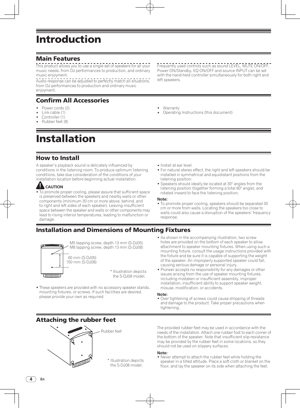 Introduction, Installation, Main features | Confirm all accessories | Pioneer S-DJ05 User Manual | Page 4 / 72