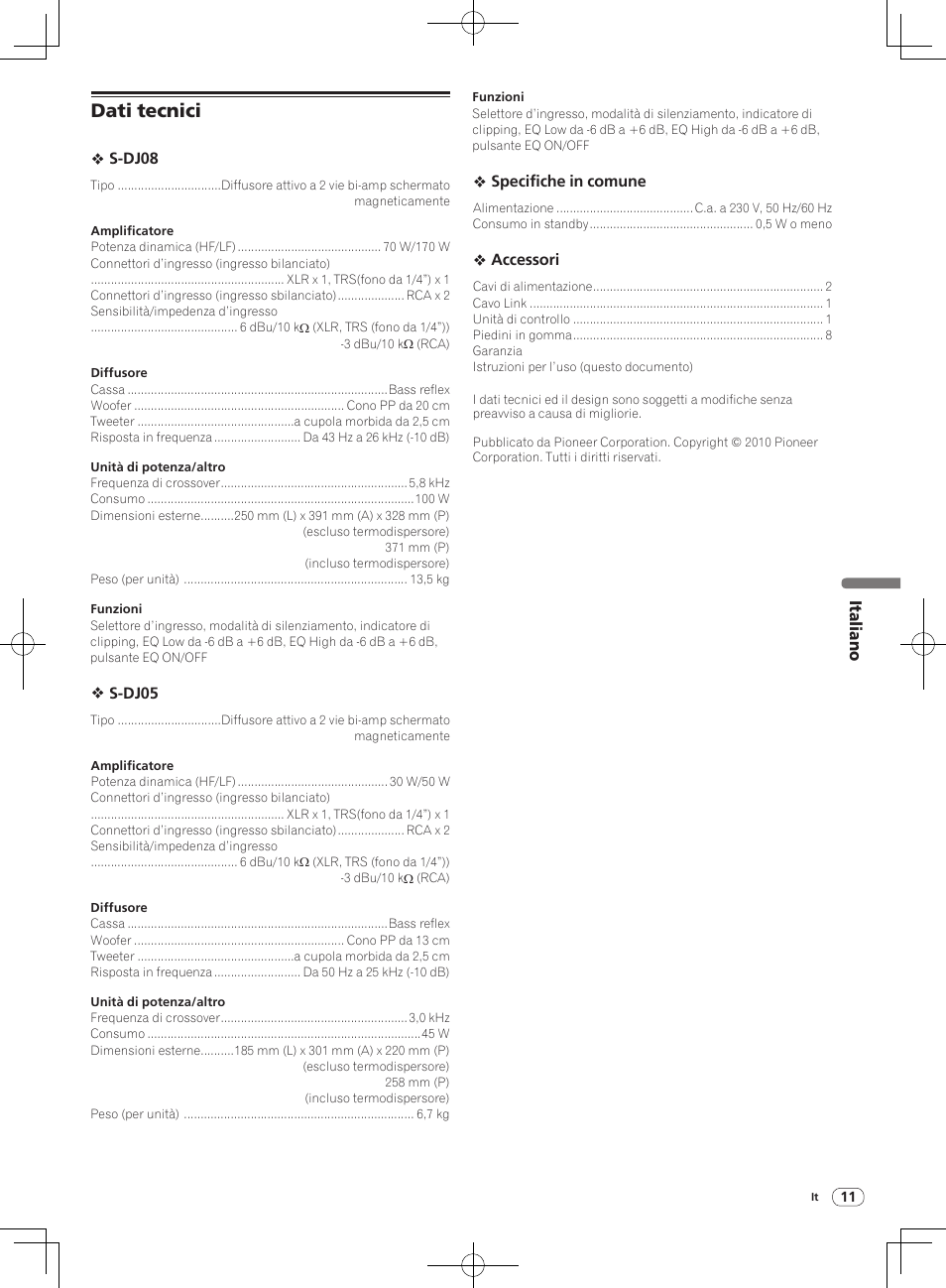 Dati tecnici | Pioneer S-DJ05 User Manual | Page 41 / 72