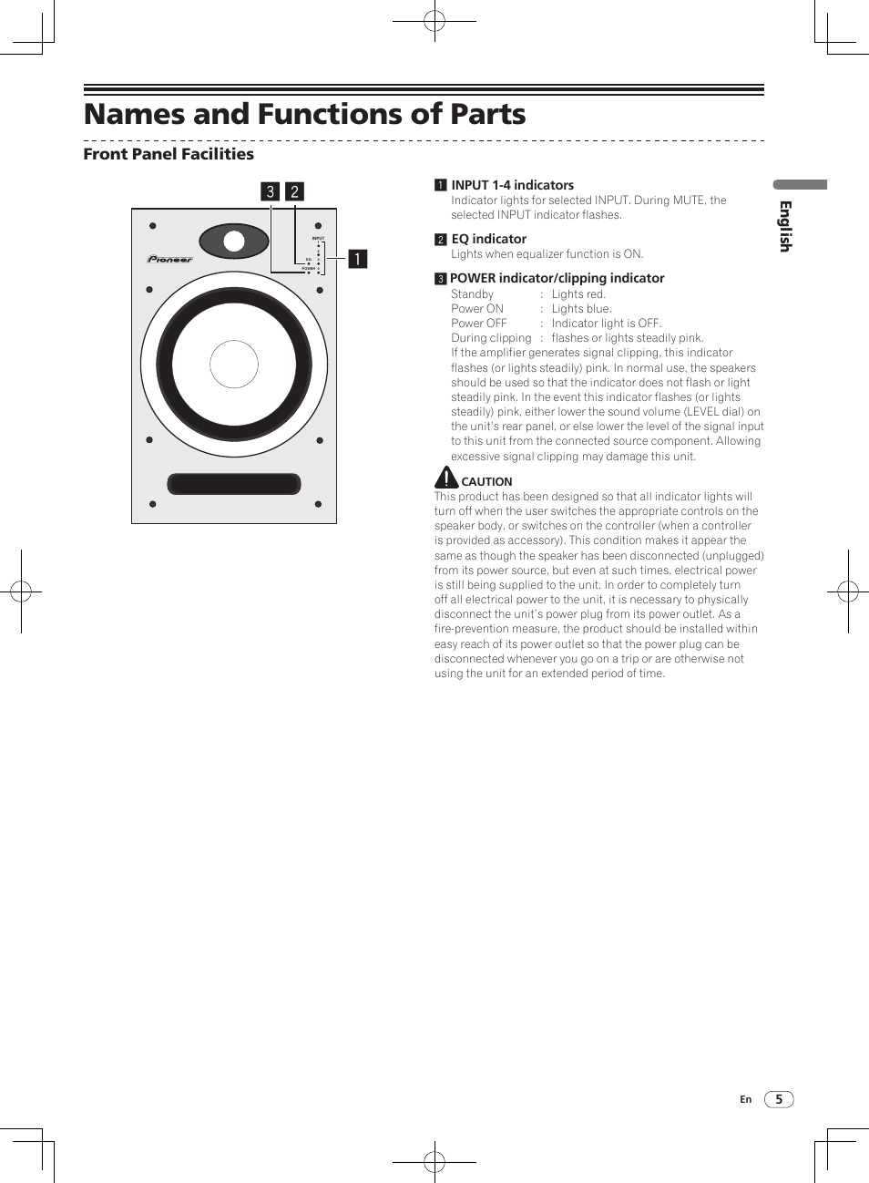 Names and functions of parts, Front panel facilities, English | Pioneer S-DJ05 User Manual | Page 5 / 72