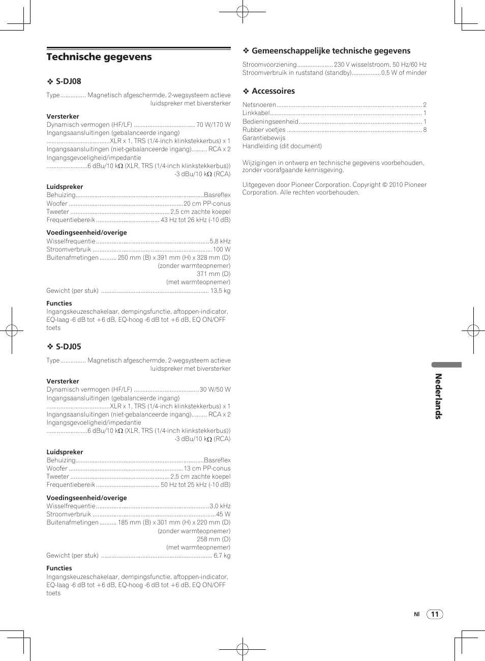 Technische gegevens | Pioneer S-DJ05 User Manual | Page 51 / 72