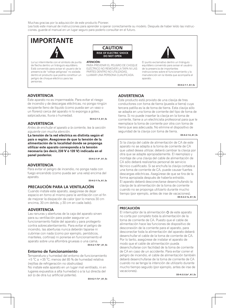 Altavoces activos de referencia para dj/productor, Manual de instrucciones, Importante | Caution, Advertencia, Entorno de funcionamiento, Precaución para la ventilación | Pioneer S-DJ05 User Manual | Page 52 / 72