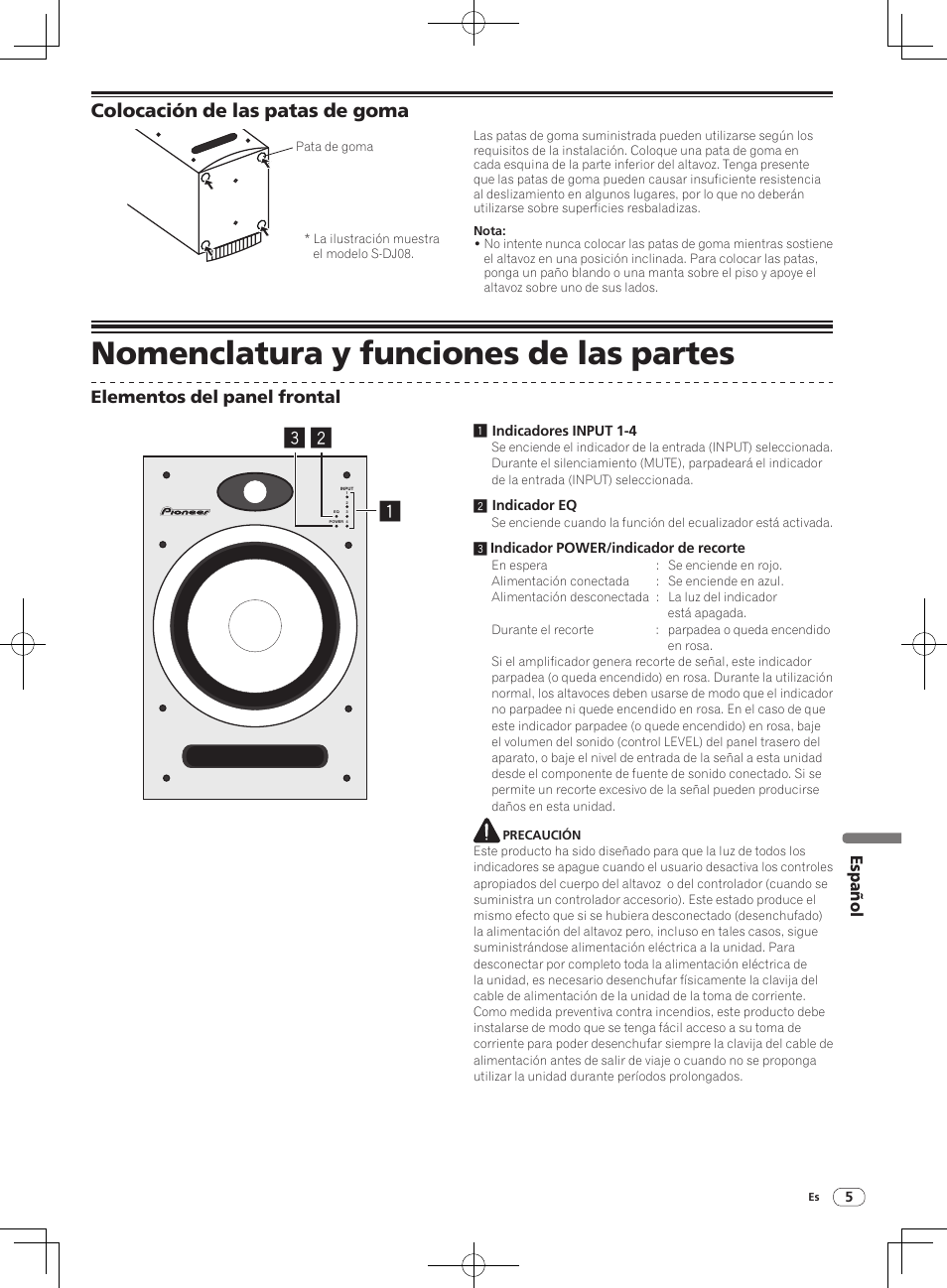 Nomenclatura y funciones de las partes, Colocación de las patas de goma, Elementos del panel frontal | Español | Pioneer S-DJ05 User Manual | Page 55 / 72