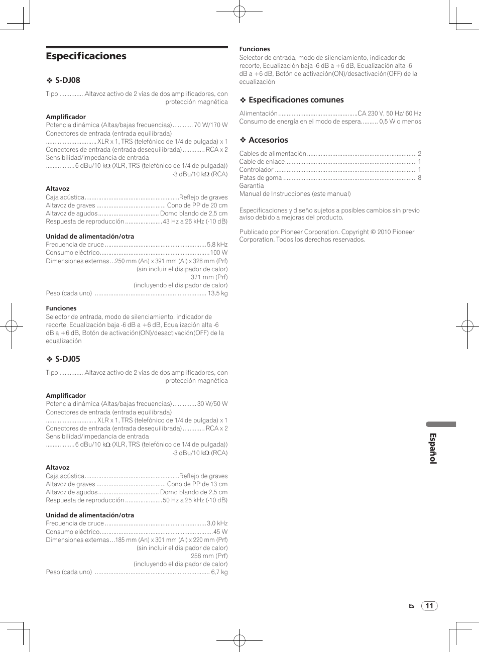 Especificaciones | Pioneer S-DJ05 User Manual | Page 61 / 72