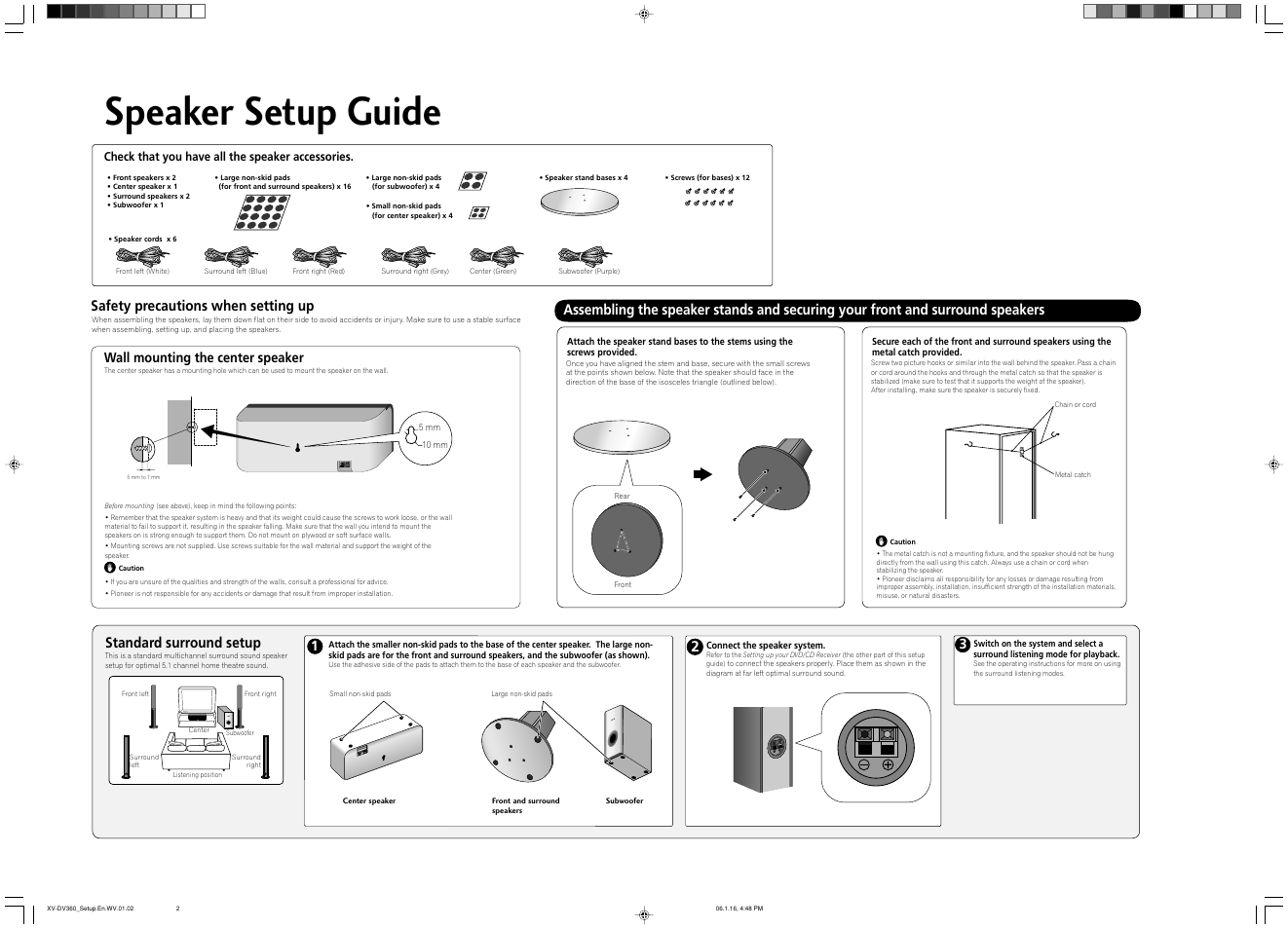 Speaker setup guide, Standard surround setup 3, Safety precautions when setting up | Wall mounting the center speaker | Pioneer DCS-360 User Manual | Page 2 / 2