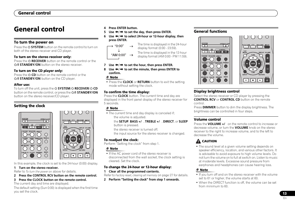 General control, To turn the power on, Setting the clock | General functions | Pioneer P1-S User Manual | Page 13 / 30