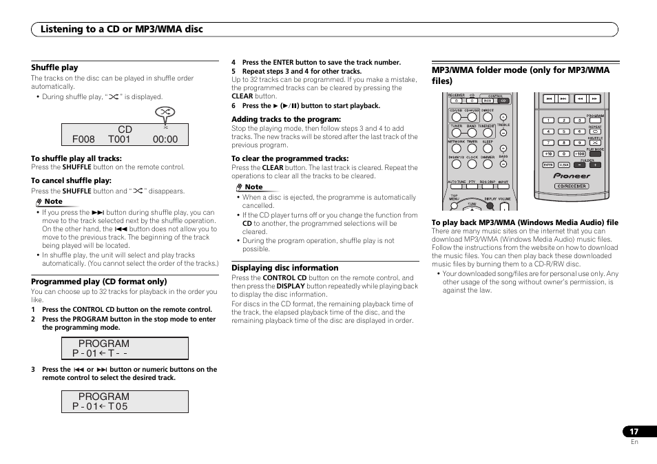 Mp3/wma folder mode (only for mp3/wma files) | Pioneer P1-S User Manual | Page 17 / 30