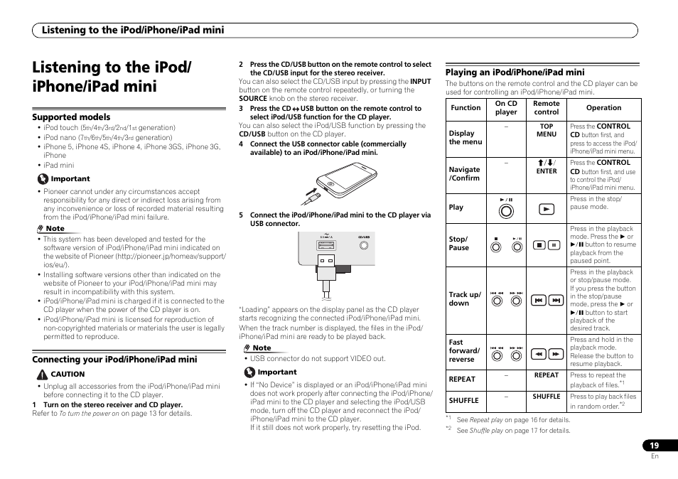 Listening to the ipod/ iphone/ipad mini, Supported models, Connecting your ipod/iphone/ipad mini | Playing an ipod/iphone/ipad mini, Listening to the ipod/iphone/ipad mini | Pioneer P1-S User Manual | Page 19 / 30