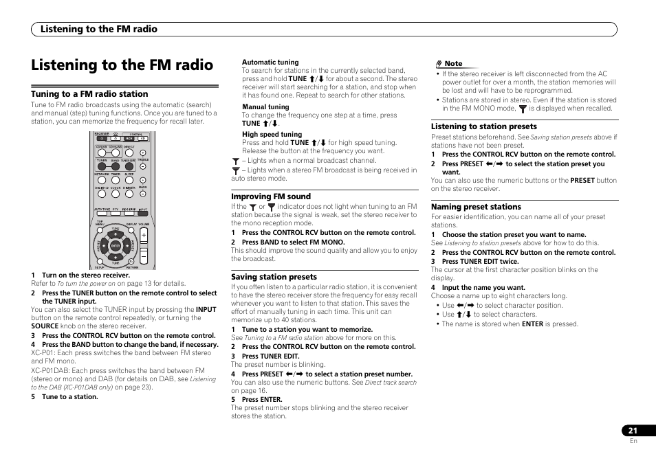 Listening to the fm radio, Tuning to a fm radio station | Pioneer P1-S User Manual | Page 21 / 30