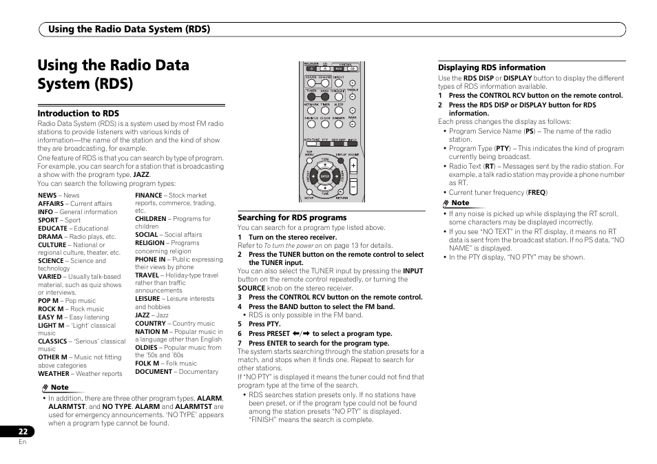 Using the radio data system (rds), Introduction to rds | Pioneer P1-S User Manual | Page 22 / 30
