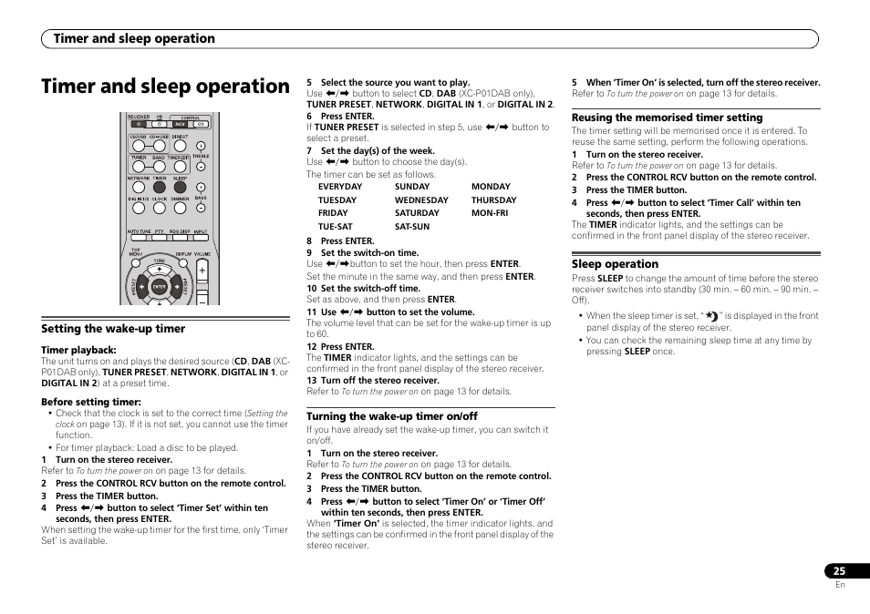 Timer and sleep operation, Setting the wake-up timer, Sleep operation | Pioneer P1-S User Manual | Page 25 / 30