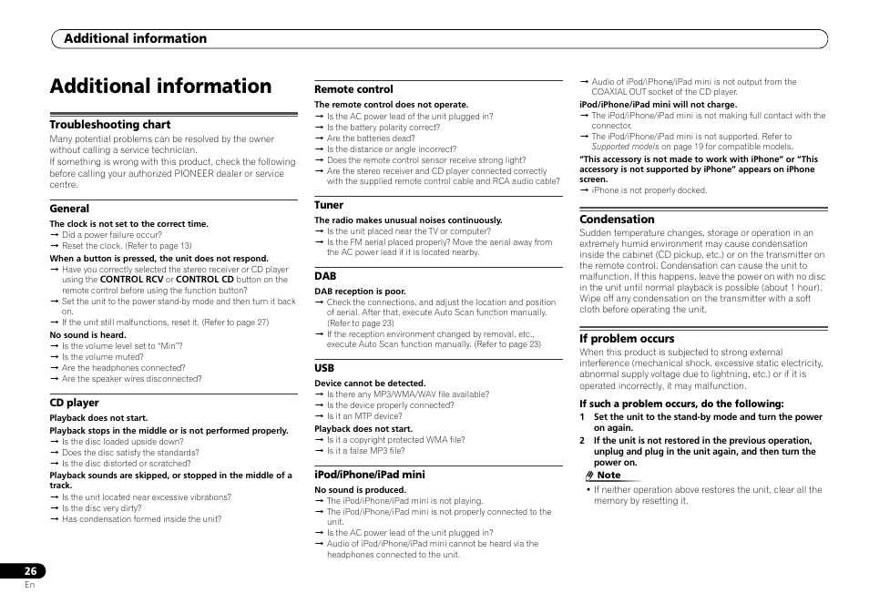 Additional information, Troubleshooting chart, Condensation | If problem occurs | Pioneer P1-S User Manual | Page 26 / 30